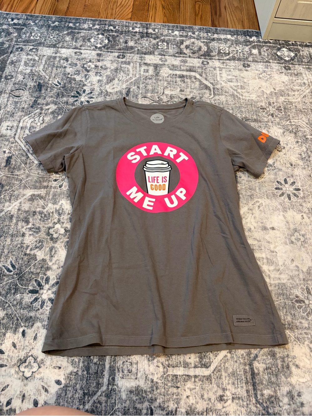 Life Is Good Gray Short Sleeve Tee with Pink 'Start Me Up' Dunkin’ Graphic